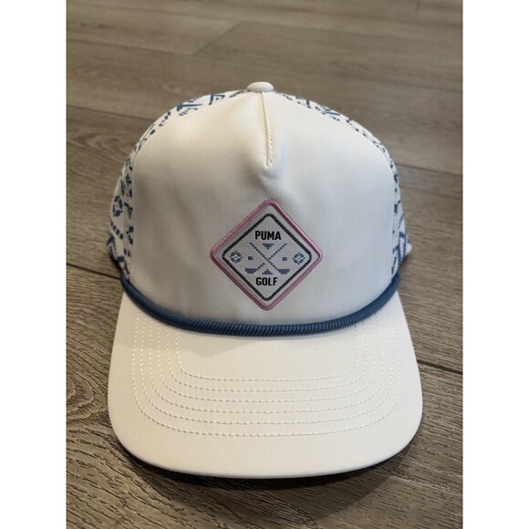 PUMA Men's 5-Panel Tech Snapback Golf Hat Cap White Glow Blue New Aztec Pattern - Picture 1 of 6